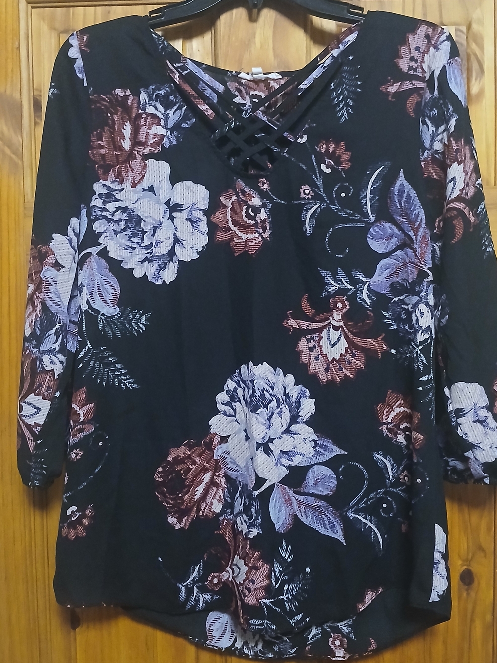 Maurices Black Floral Lattice-Neck Top